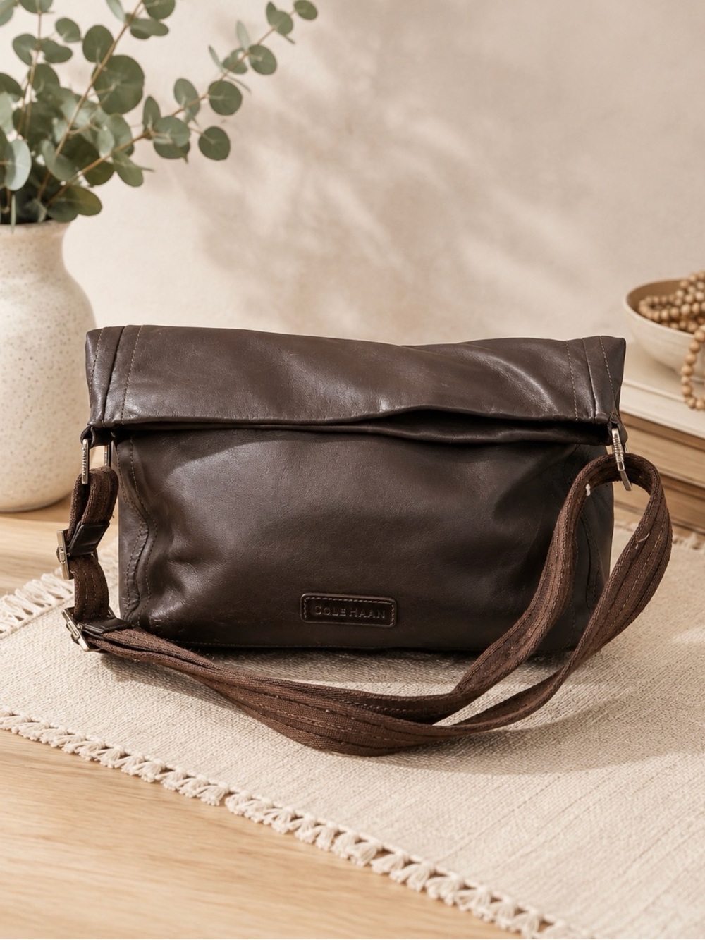 Cole Haan dark Brown Leather Messenger Bag with Adjustable Strap